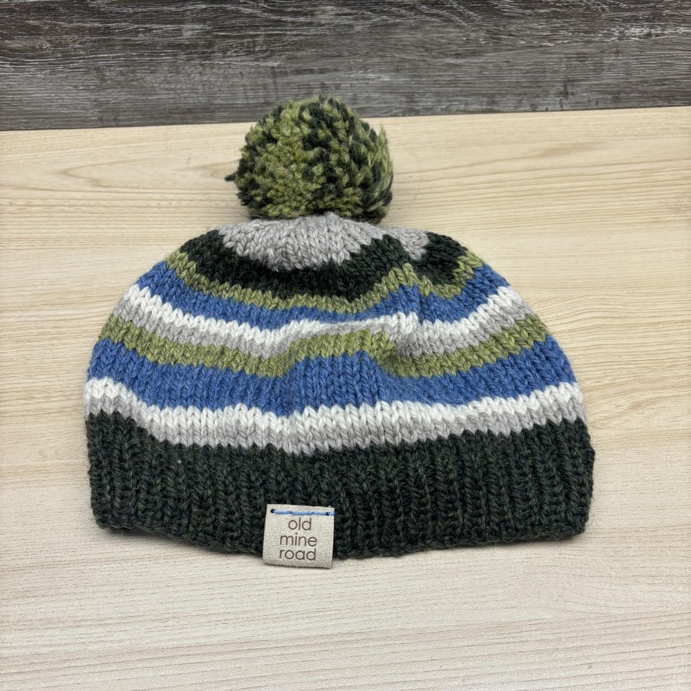 Old Mine Road Hat Beanie Pom Pom Knit Striped Mens Adult Green Blue Winter Warm